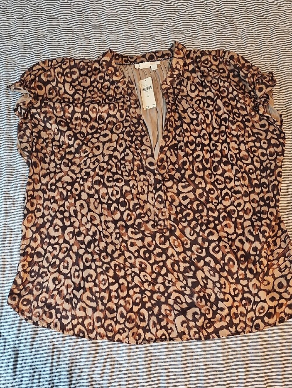Anthropologie Brown and Tan Leopard-Print Short Sleeve Blouse
